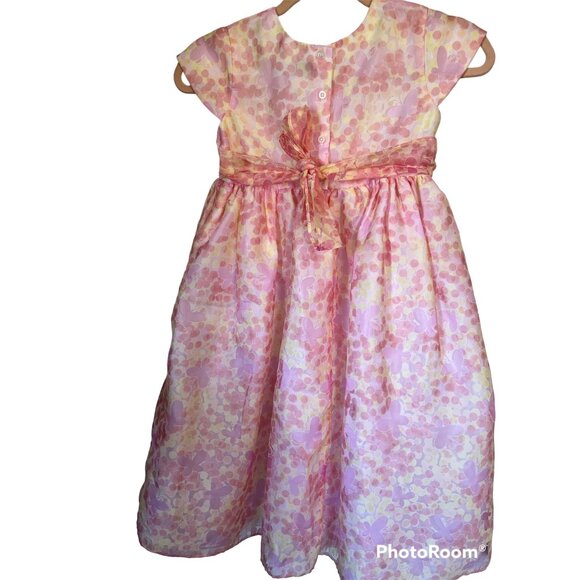 Girls 6X Floral Dress Cap-Sleeve Pink Yellow Sash Tie Button Back By Marmellata - Picture 2 of 7